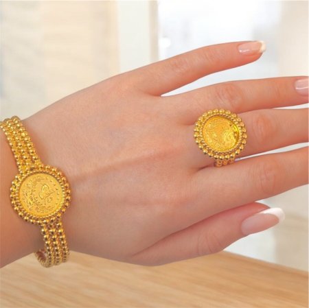 خاتم وأسوارة ليرة طابات مطلي بذهب أصلي ✨