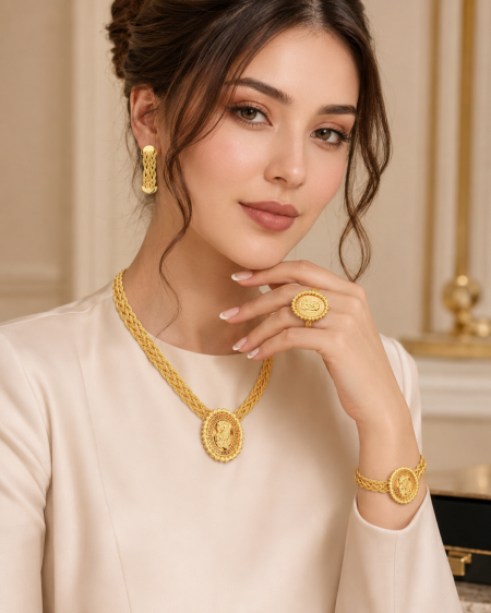 طقم اونصه مجدول ايطالي (عقد واسواره وخاتم وحلق )
